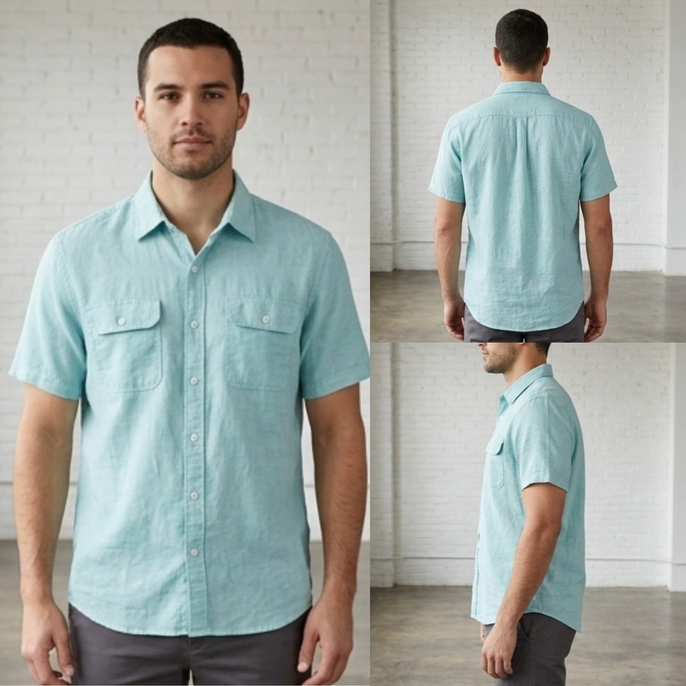 Old Navy Button-Up Shirt Mens 2XL Blue Short Sleeve Slim Fit Flap Pocket Outdoor